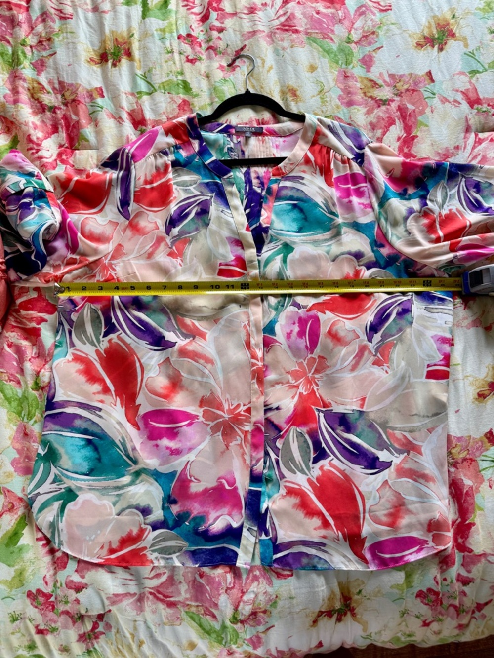 NYDJ Pintuck Floral Blouse with Pink, Coral & Teal Accents - Picture 11 of 13